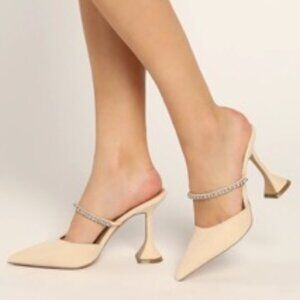 Light Nude Suede Rhinestone Mule Pumps